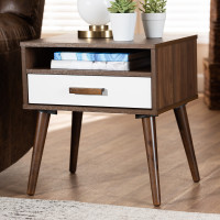 Baxton Studio ET8002-Columbia Walnut/White-ET Quinn Mid-Century Modern Two-Tone White and Walnut Finished 1-Drawer Wood End Table
